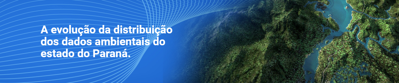 Montagem de linhas azuis em movimento sobre uma imagem de satélite que mostra um rio e vegetação, com o texto "A evolução da distribuição dos dados ambientais do estado do Paraná".